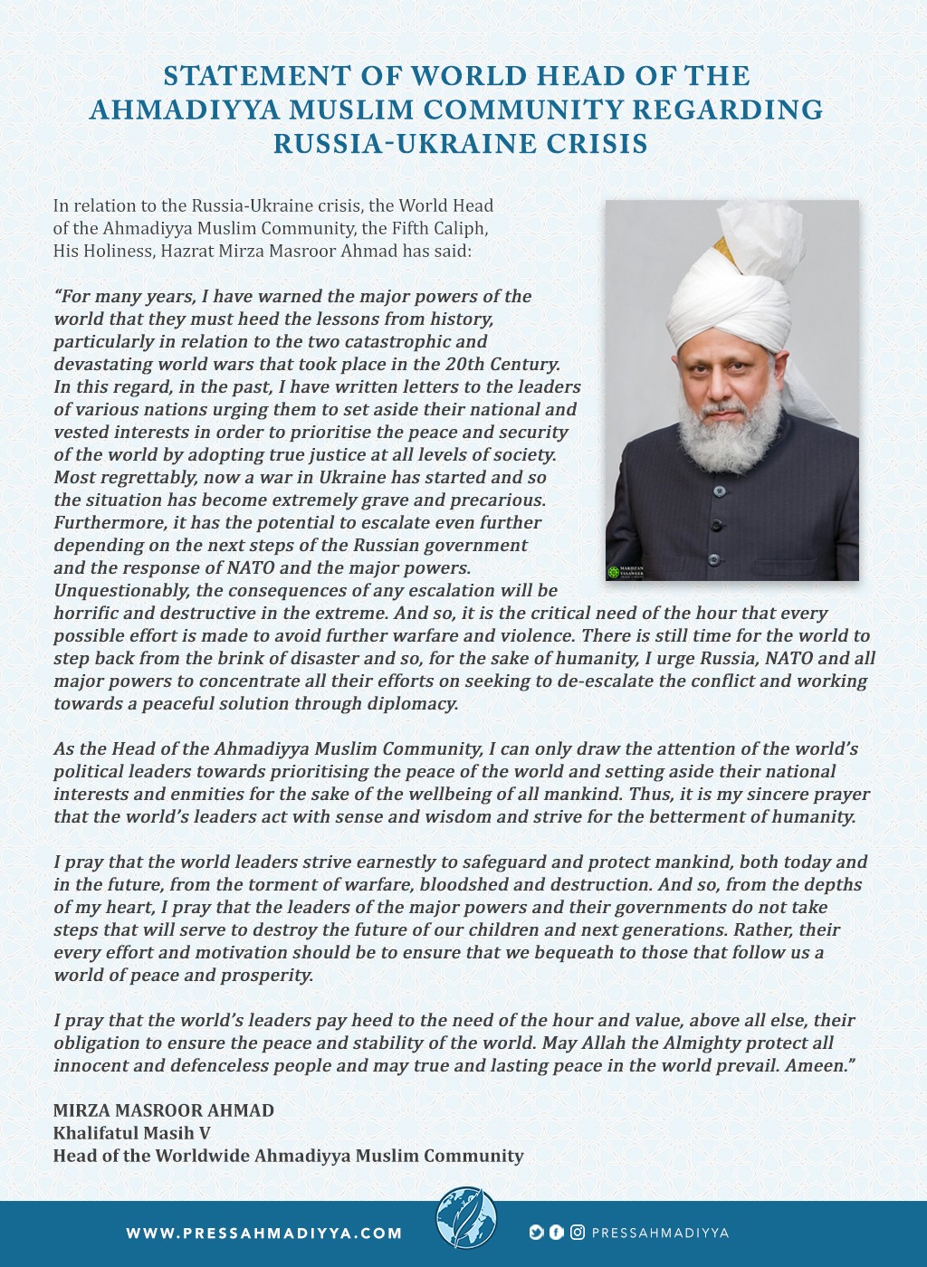 Statement of World Head of the Ahmadiyya Muslim Community Regarding Russia-Ukraine Crisis